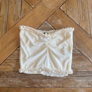 Motel Women’s Cream Cropped Bandeau With Small Bow and Ruffles